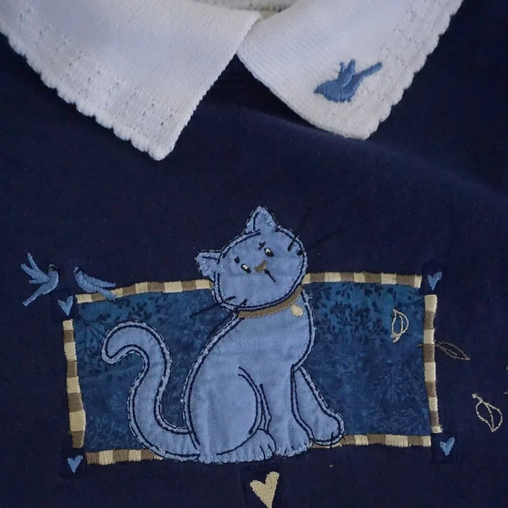 Vintage Top Stitch Navy Blue White Embroidered Cat Peter Pan Collar Sweater S - Picture 8 of 9